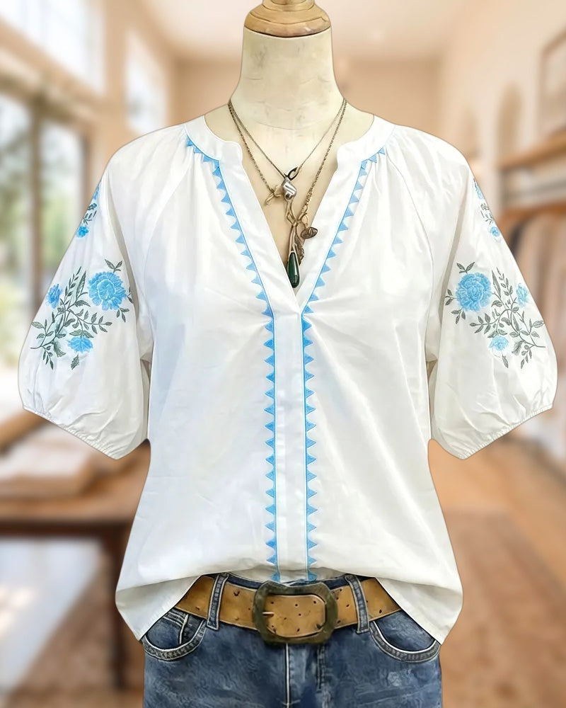 Floral Embroidery Shell Stitch Trim Glamorous Puff Sleeve Blouse