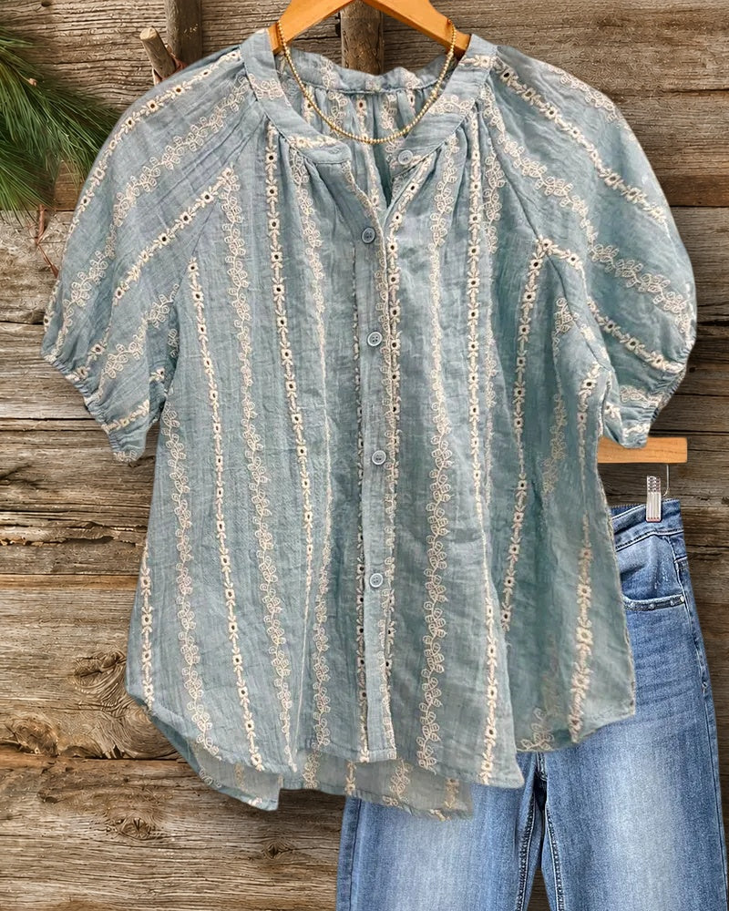 Embroidered Raglan Sleeve Button Front Urban Blouse