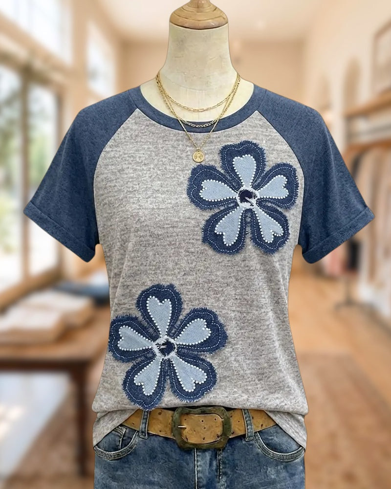 Floral Applique Feminine Raglan Sleeve T-Shirt
