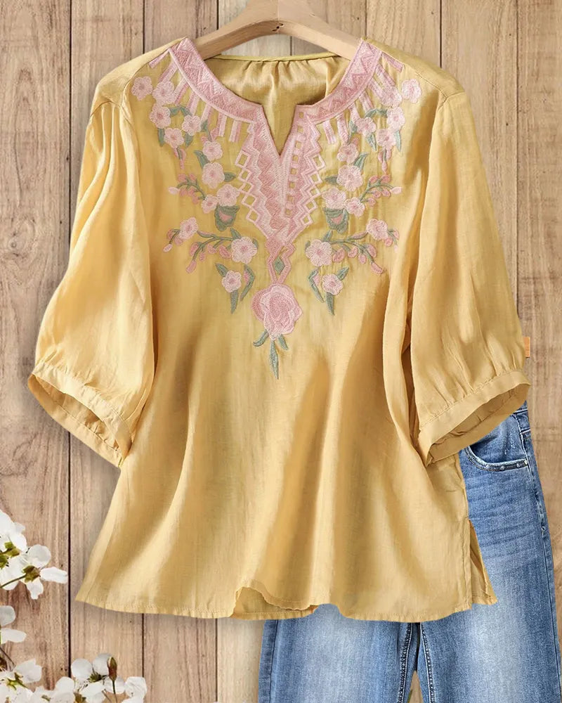 Embroidered V Neck 3/4 Sleeve Loose Casual Lightweight Blouse