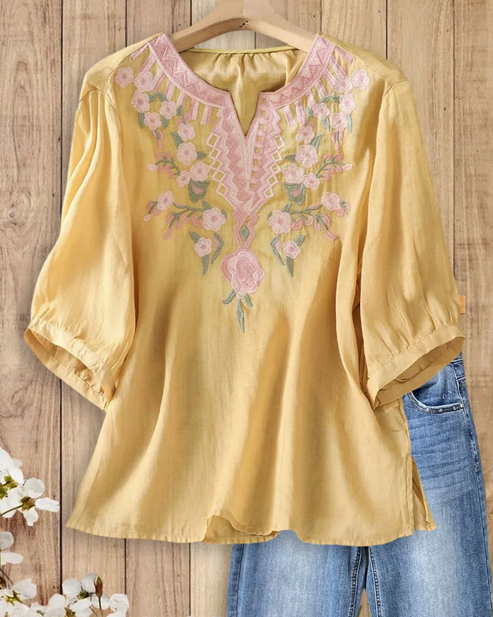 Embroidered V Neck 3/4 Sleeve Loose Casual Lightweight Blouse