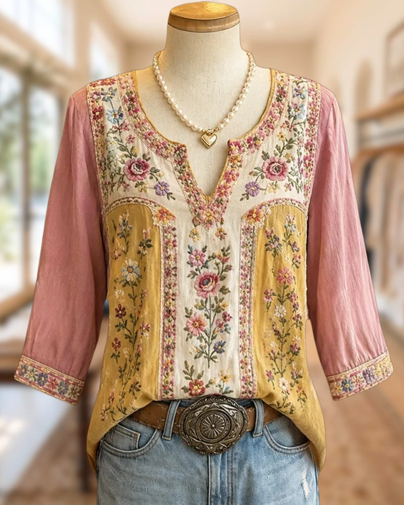 Floral Embroidered Split Neck 3/4 Sleeve Loose Casual Blouse