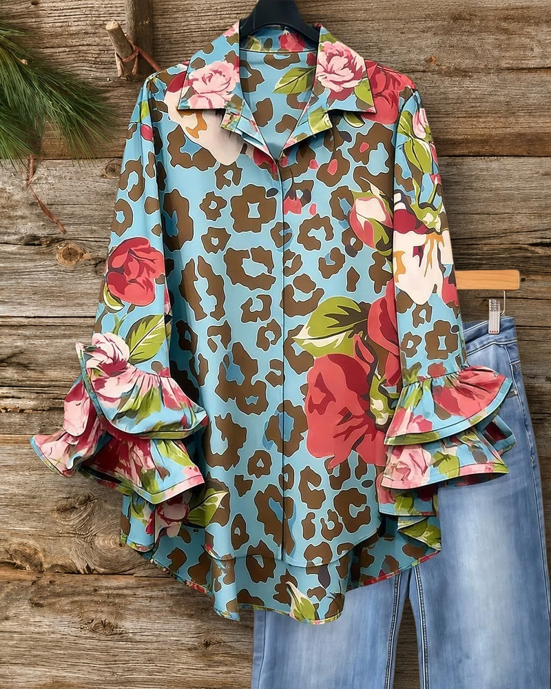 Floral & Leopard Print Bold Ruffle Sleeve Button Up Blouse