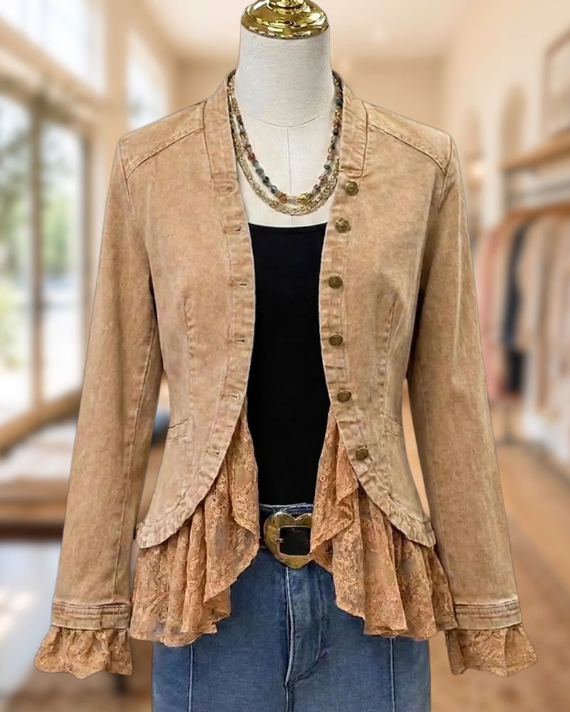 Lace Trim Single Breasted Denim Jacket