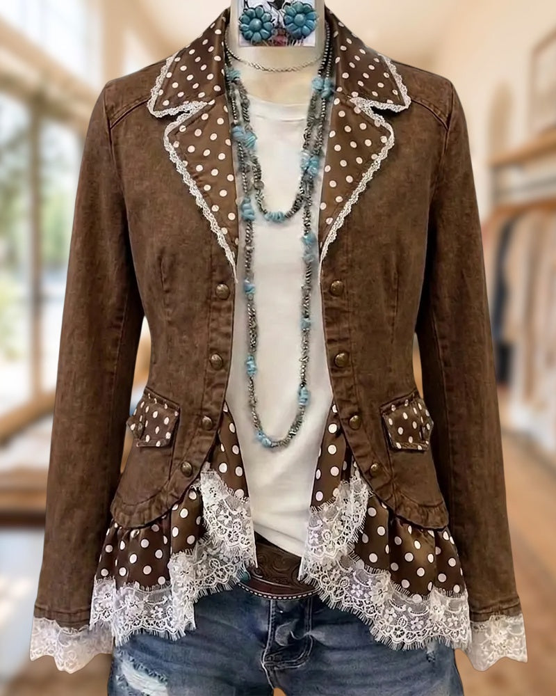 Lapel Lace Trim Polka Dot Ruffled Hem Casual Jacket