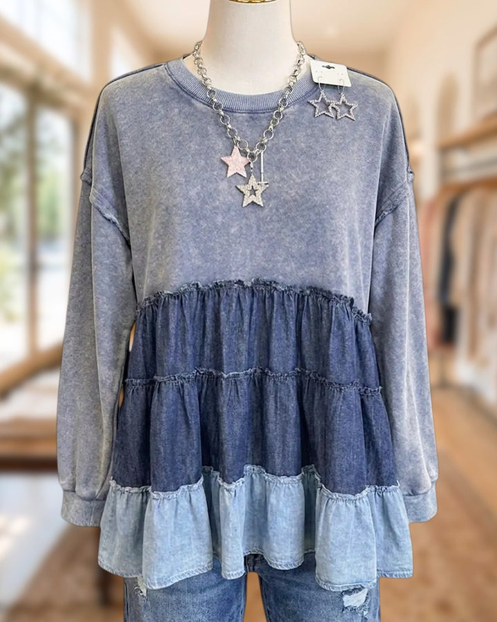 Washed Tiered Ruffle Hem Crew Neck Long Sleeve Sweatshirt