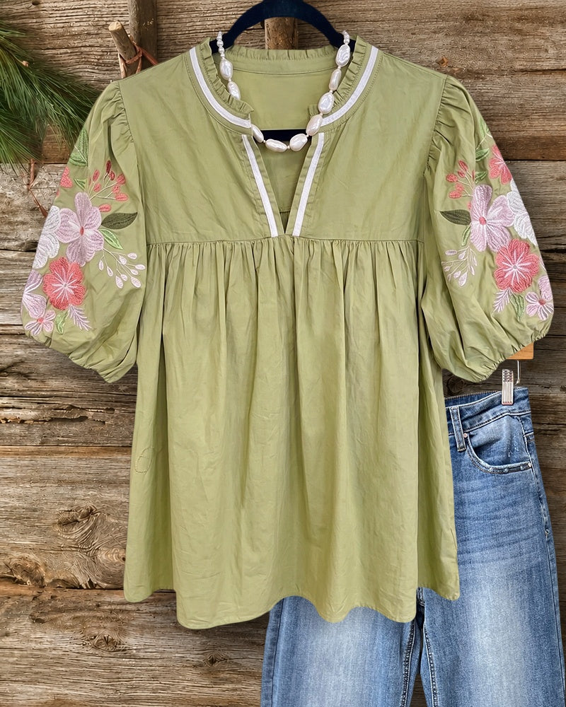 Floral Embroidered Puff Sleeve V Neck Gathered Casual Blouse