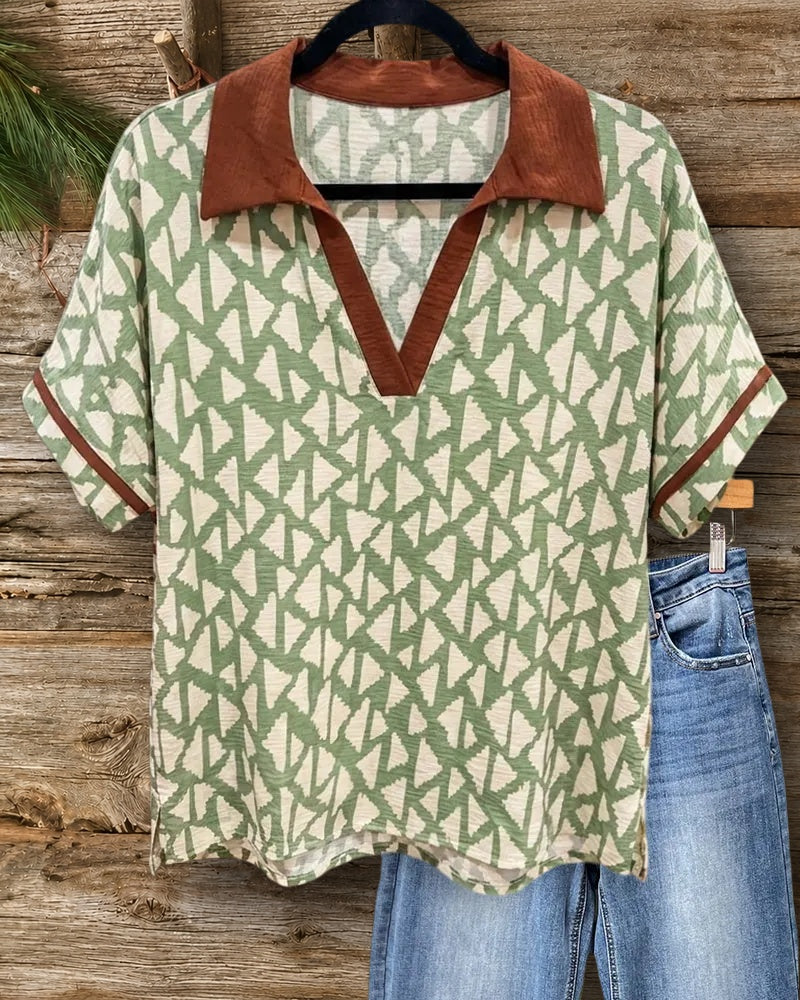 Geometric Print Contrast Trim Collared Short Sleeve Casual Blouse
