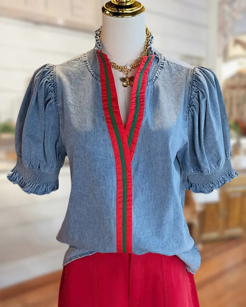 Ruffled Puff Sleeve V Neck Contrast Trim Denim Blouse