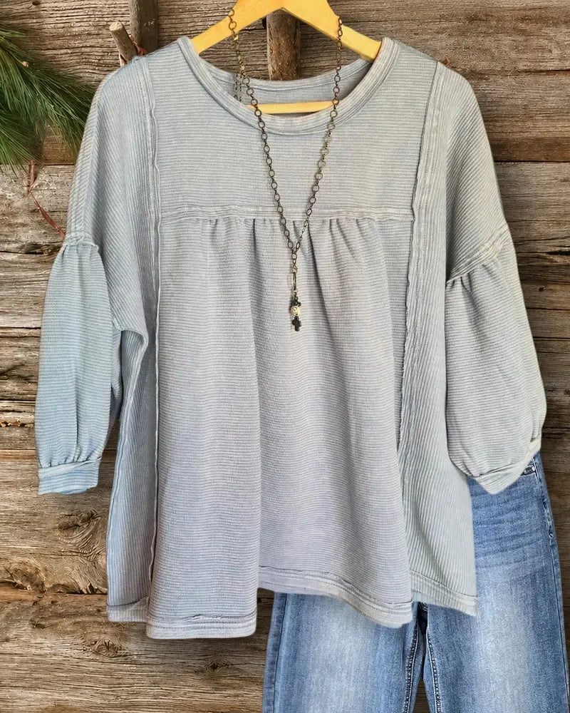 Puff Sleeve Round Neck Exposed Seam Loose Casual Blouse