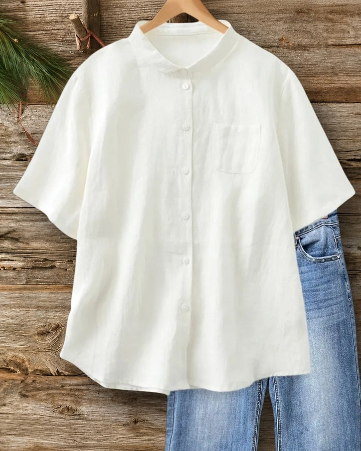 Peter Pan Collar Short Sleeve Button Front Chest Pocket Shirt