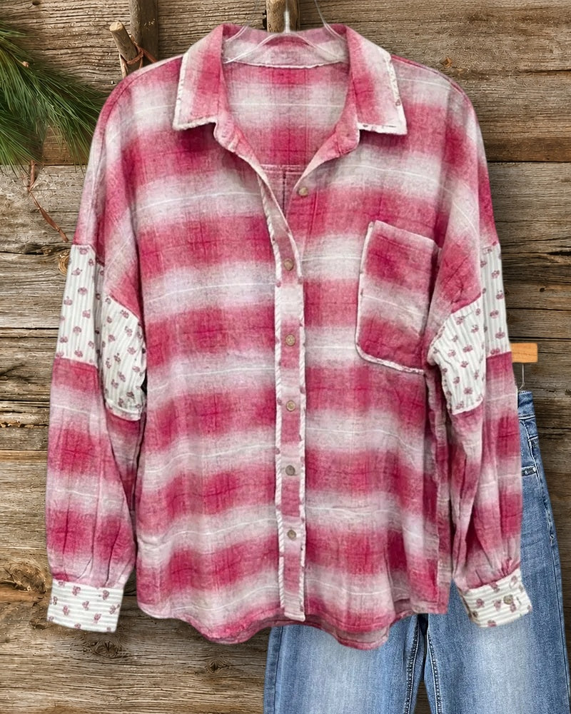 Plaid Patchwork Long Sleeve Collared Chest Pocket Loose Shirt