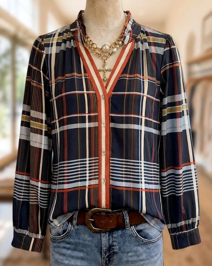 Plaid V Neck Button Front Long Sleeve Versatile Blouse