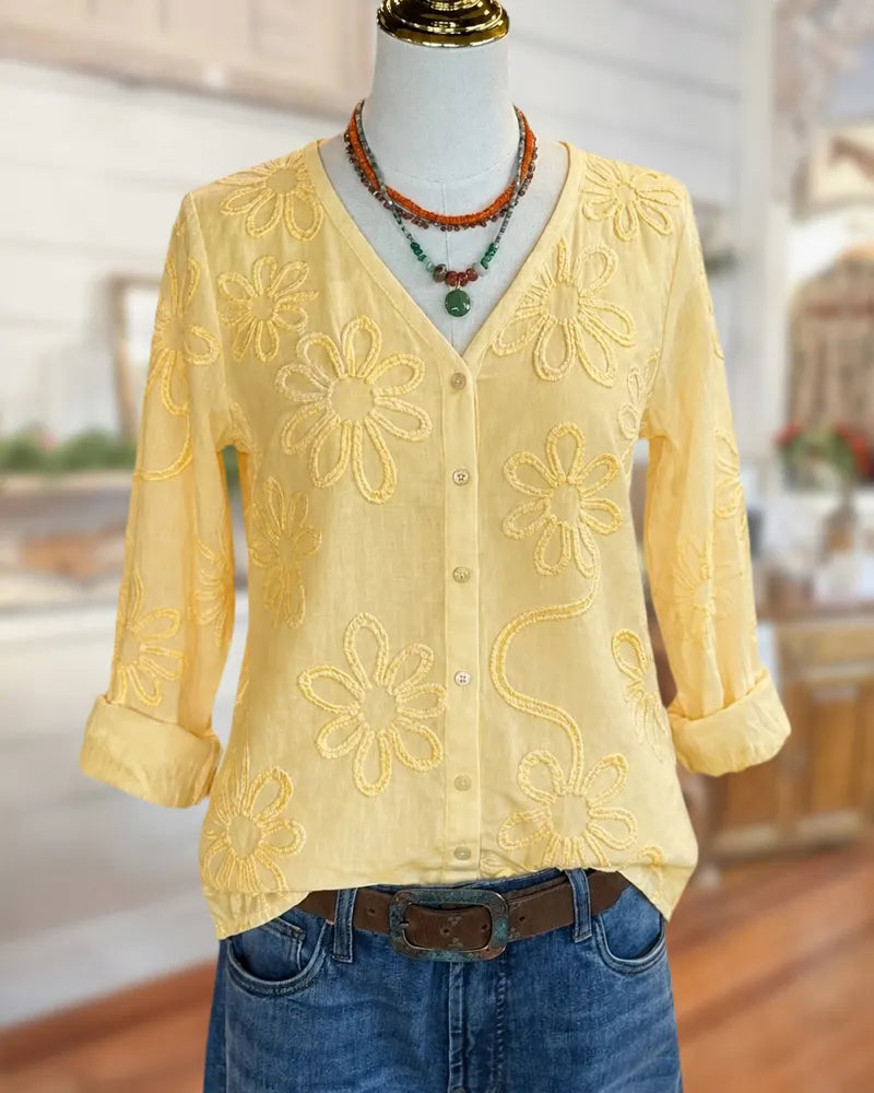 V Neck Floral Embroidered Blouse