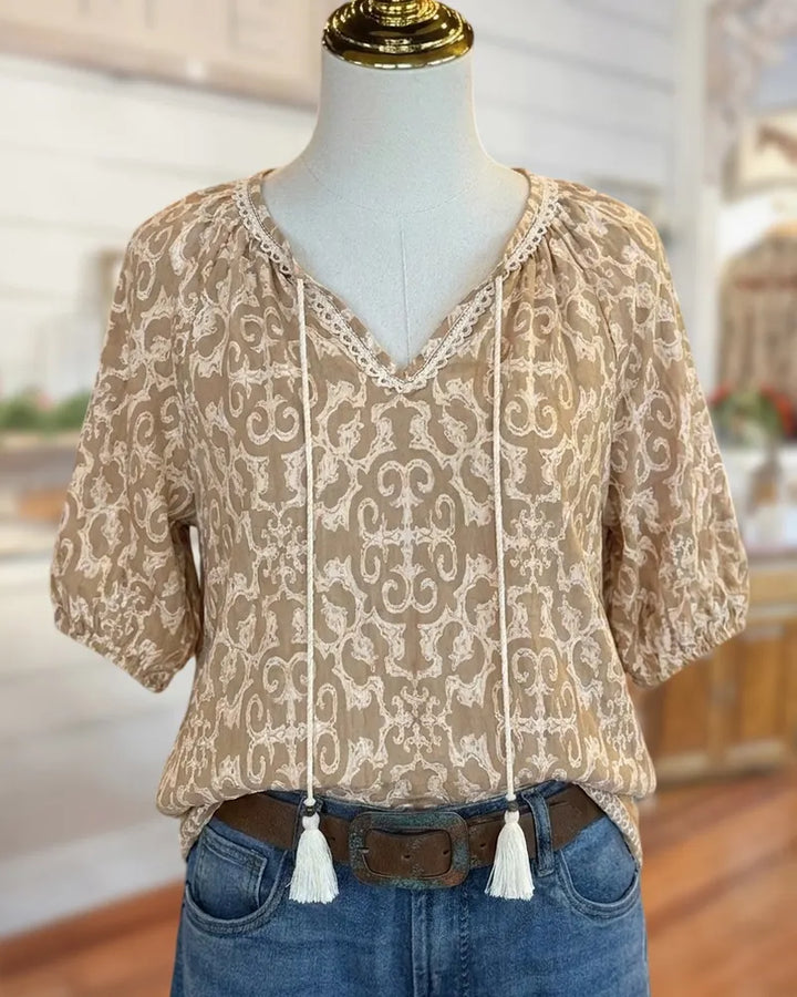 Tassel Tie V Neck Puff Sleeve Lace Trim Printed Blouse