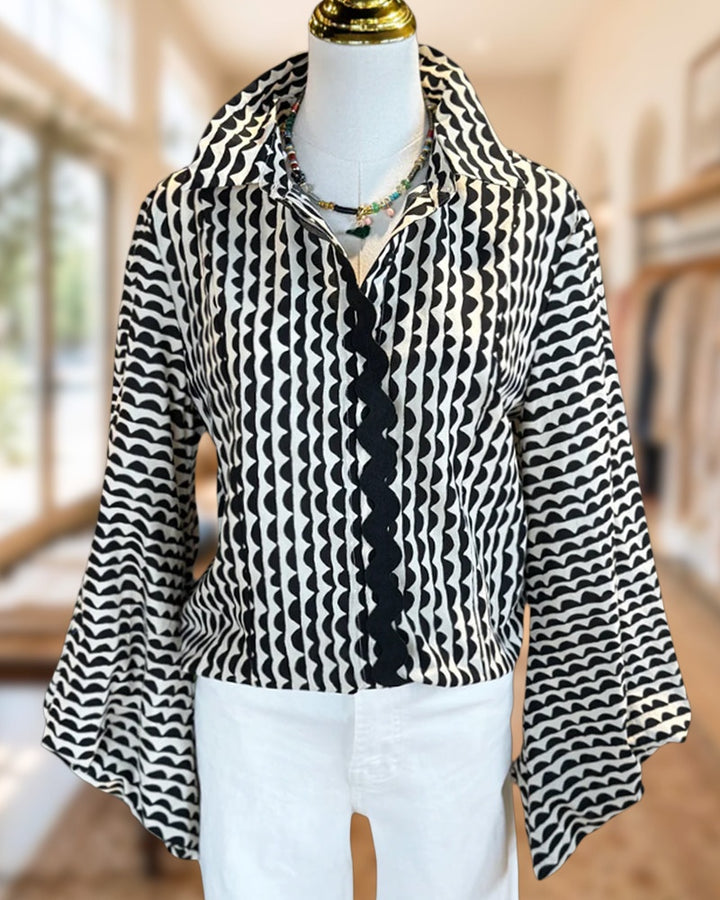 Geometric Print Dramatic Bell Sleeve Button Down Blouse