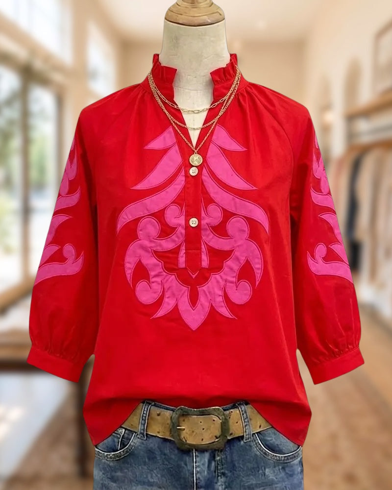 V Neck Floral Print Relaxed Fit 3/4 Sleeve Blouse