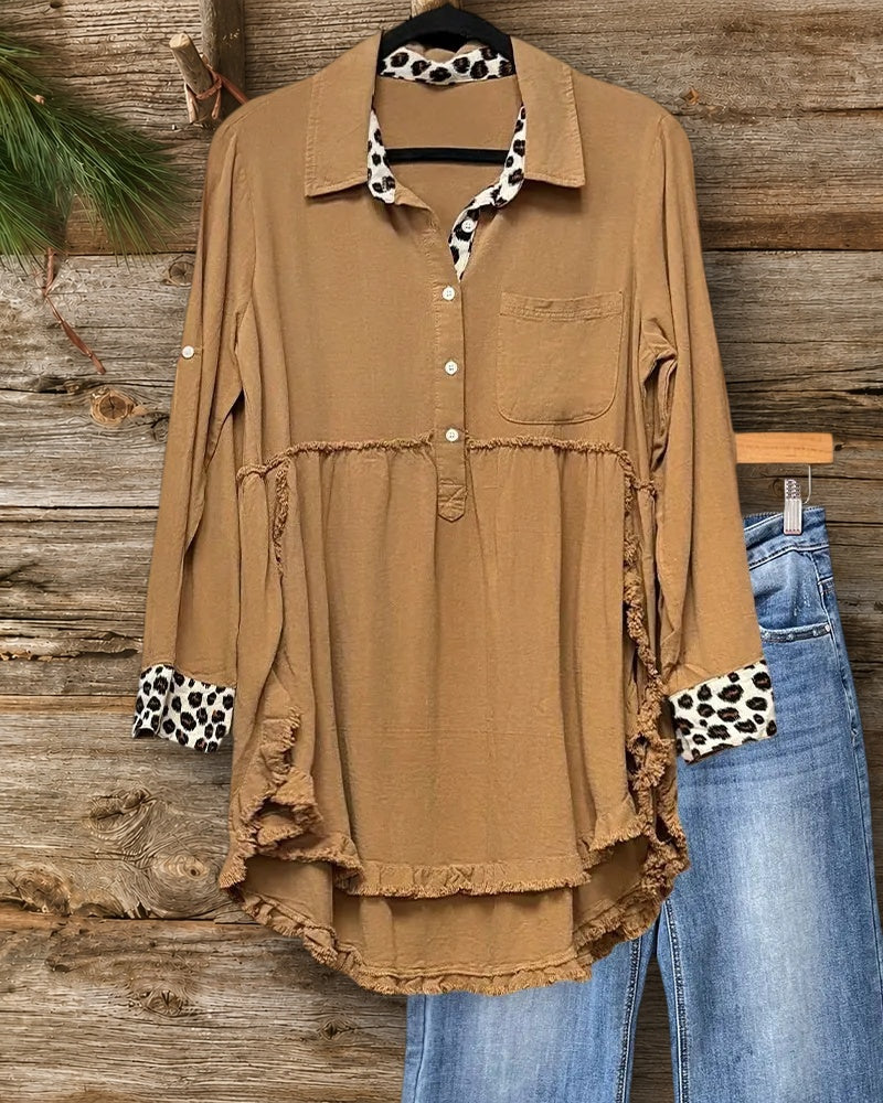 Patchwork Classic Shirt Collar Frayed Blouse