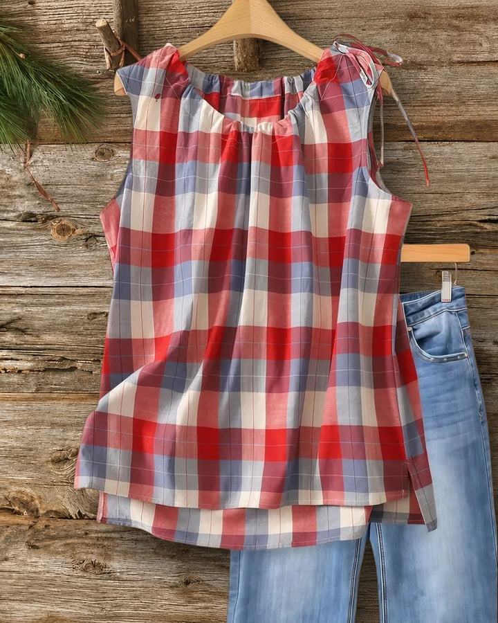 Plaid Cozy Round Neck Drawstring Sleeveless Shirt