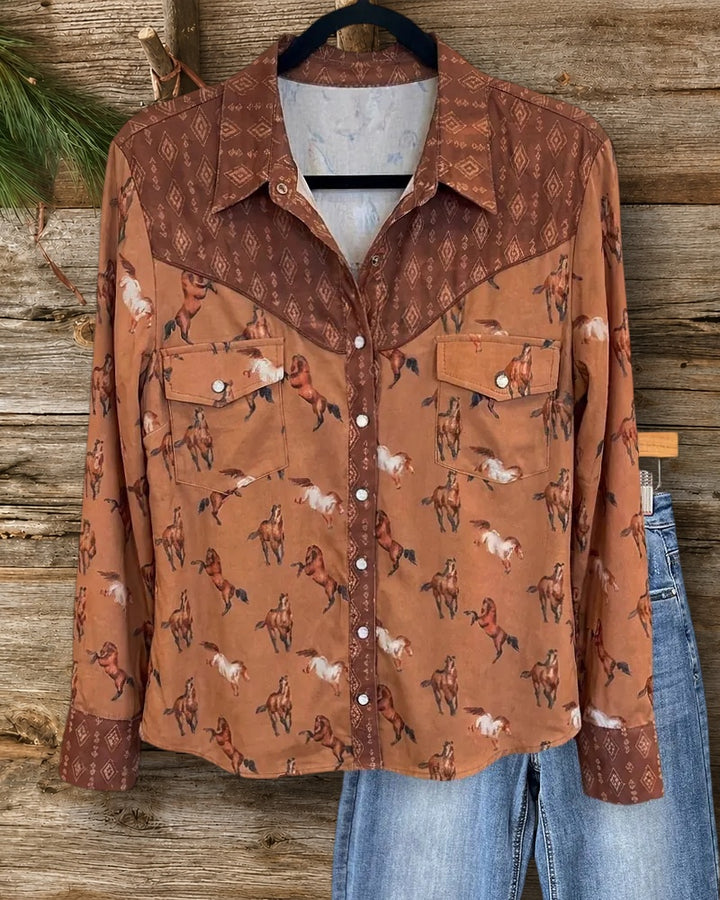 Horse Print Contrast Yoke Pearl Snap Long Sleeve Shirt