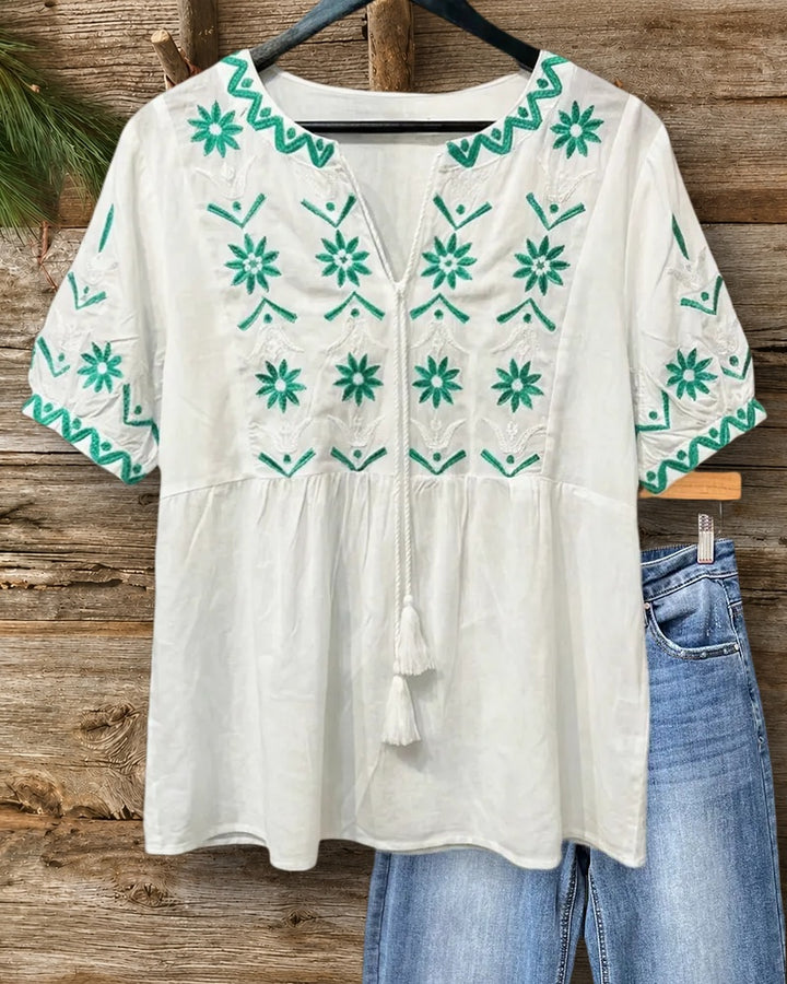 V Neck Tassel Tie Embroidered Short Sleeve Loose Blouse
