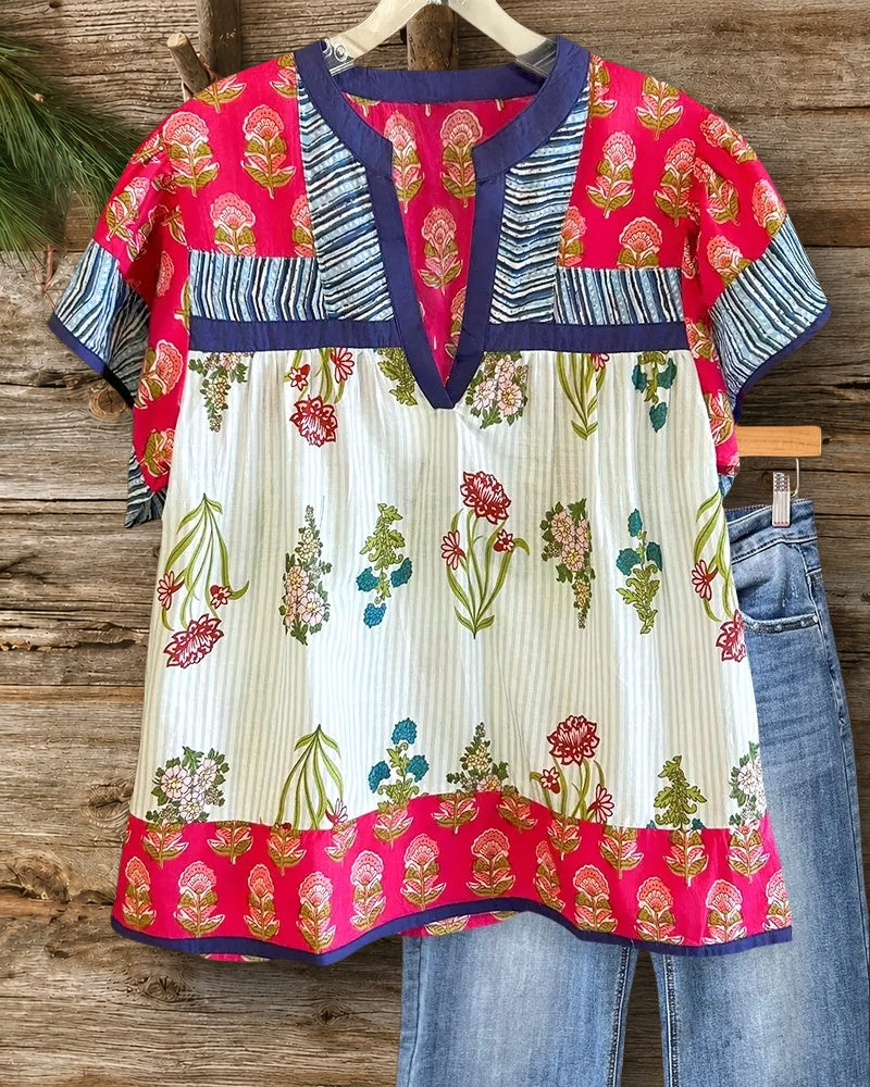 Mixed Print V Neck Ruffle Sleeve Pastoral Blouse