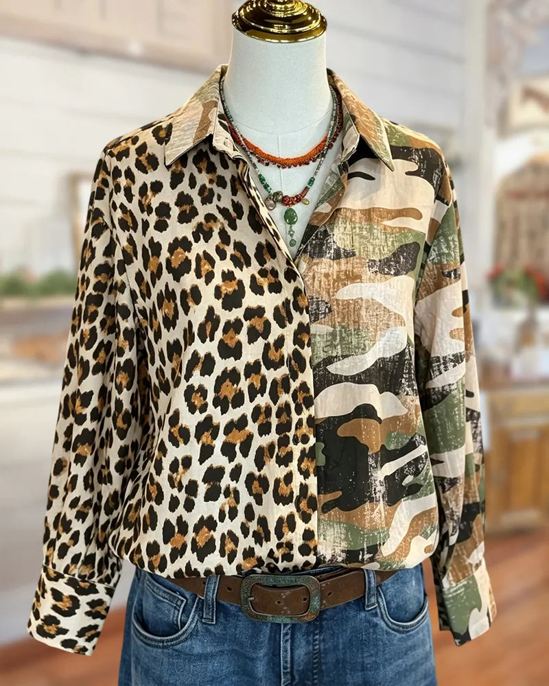 Contrast Leopard Camo Print Button Front Long Sleeve Shirt