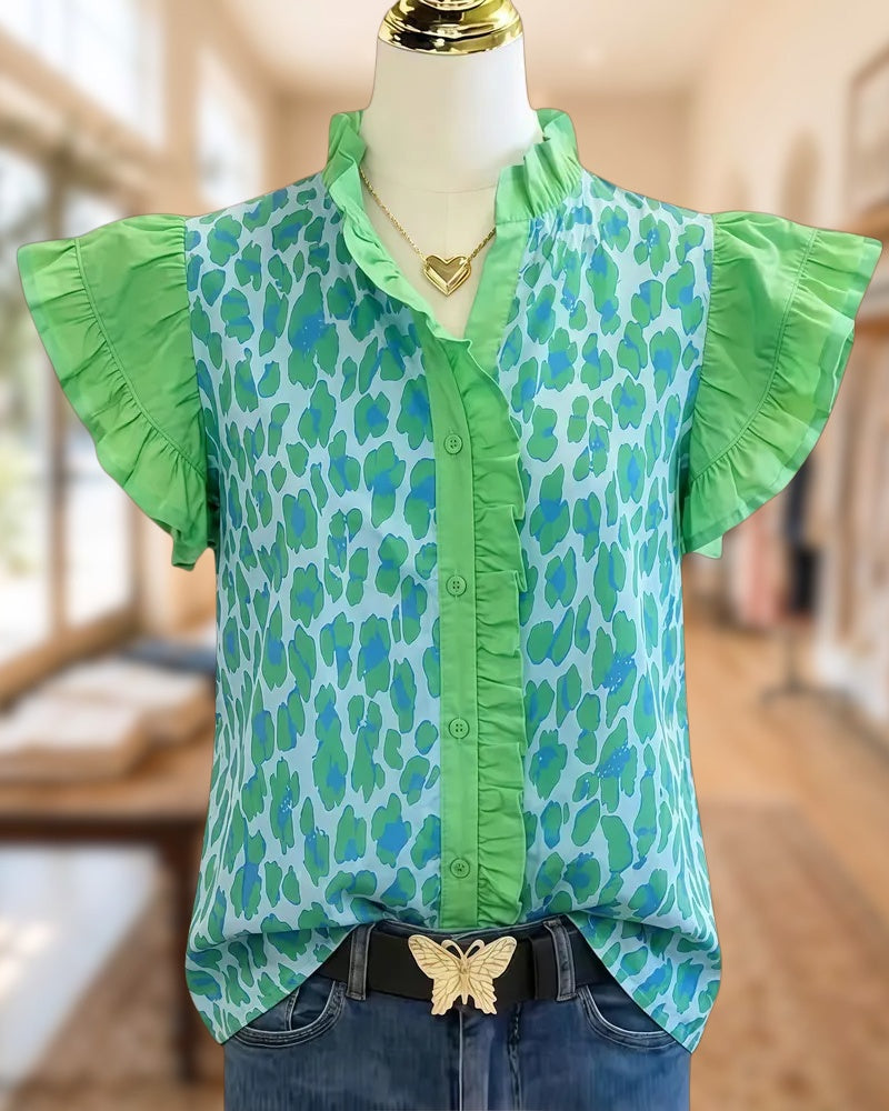 Ruffled Trim Leopard Print Button Front Flutter Sleeve Blouse