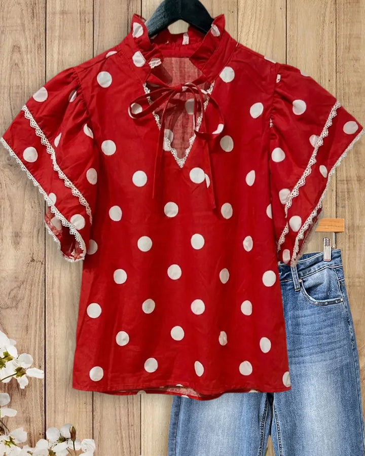 Ruffle Trim Polka Dot Tie Neck Flutter Sleeve Blouse