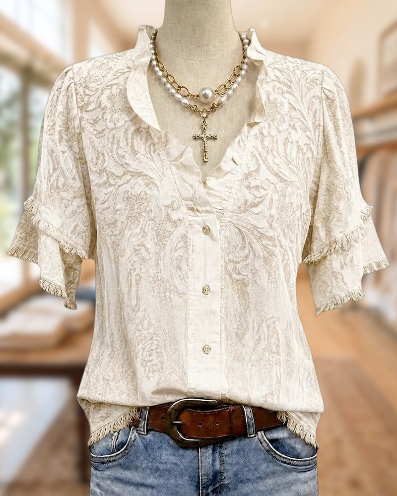 Paisley Print Ruffled V Neck Tassels Trim Button Front Boho Blouse