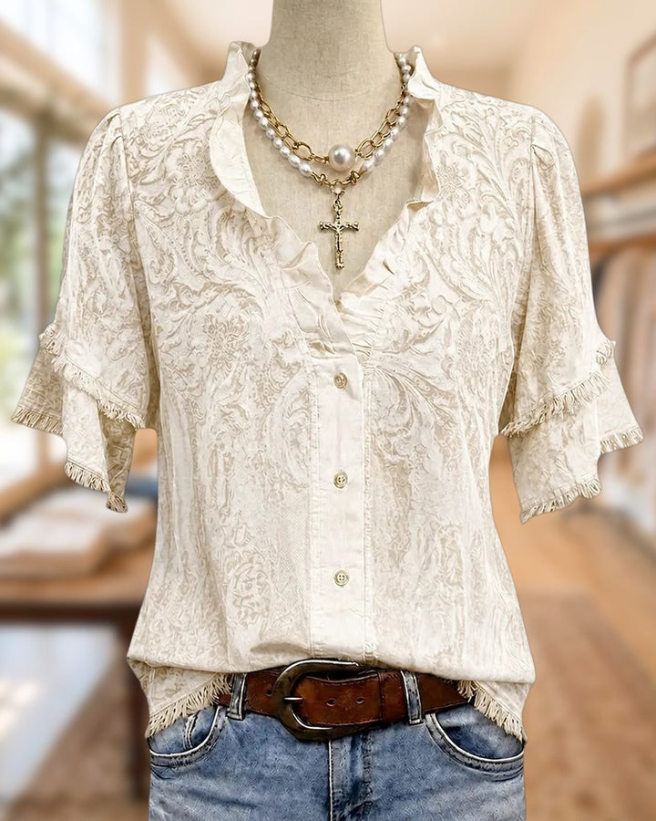 Paisley Print Ruffled V Neck Tassels Trim Button Front Boho Blouse