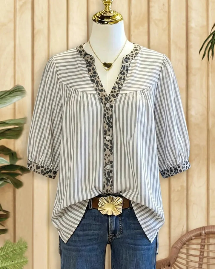 Leopard Trim Striped Commuting Button Up Blouse