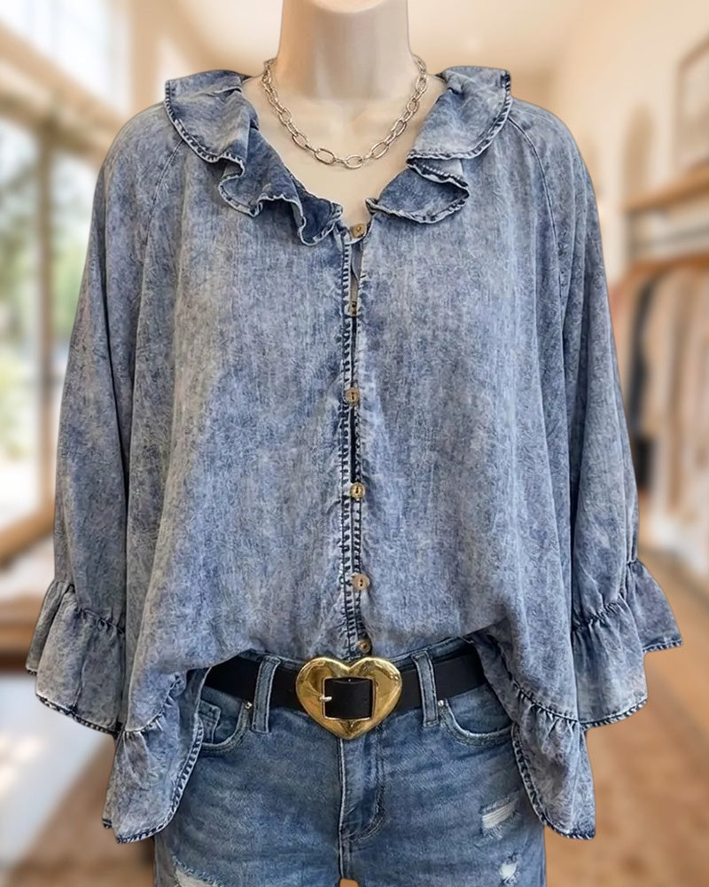 Ruffle Trim Button Front Flowy 3/4 Sleeve Blouse