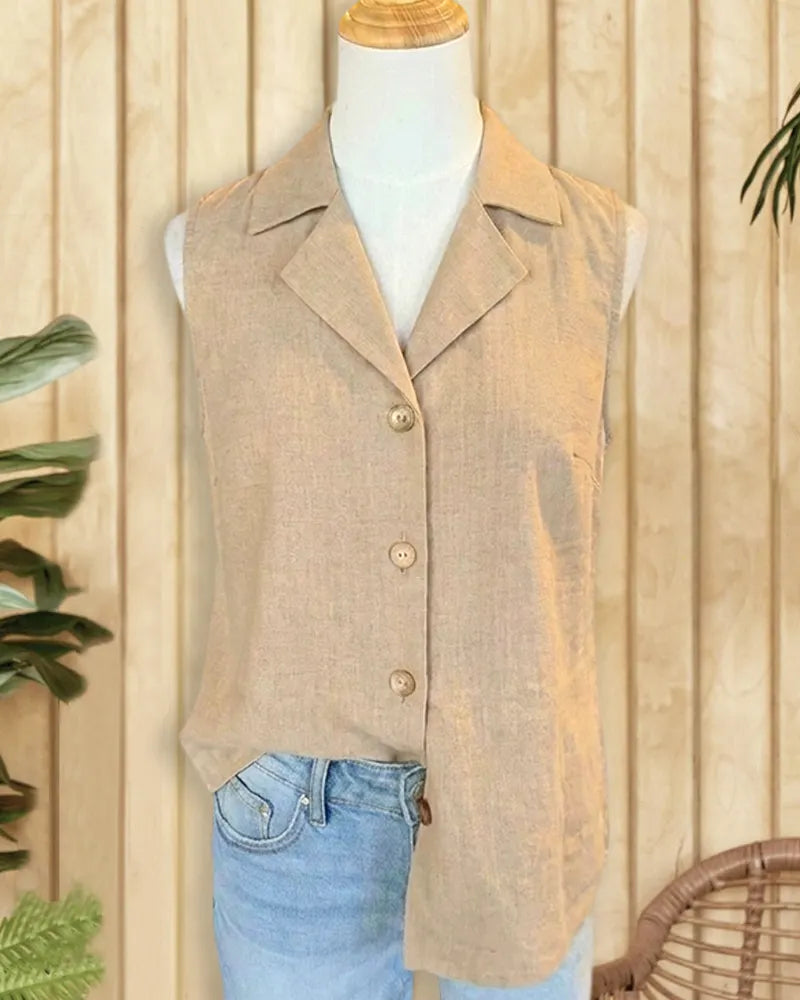 Sleeveless Collared Button Front Asymmetrical Hem Casual Shirt