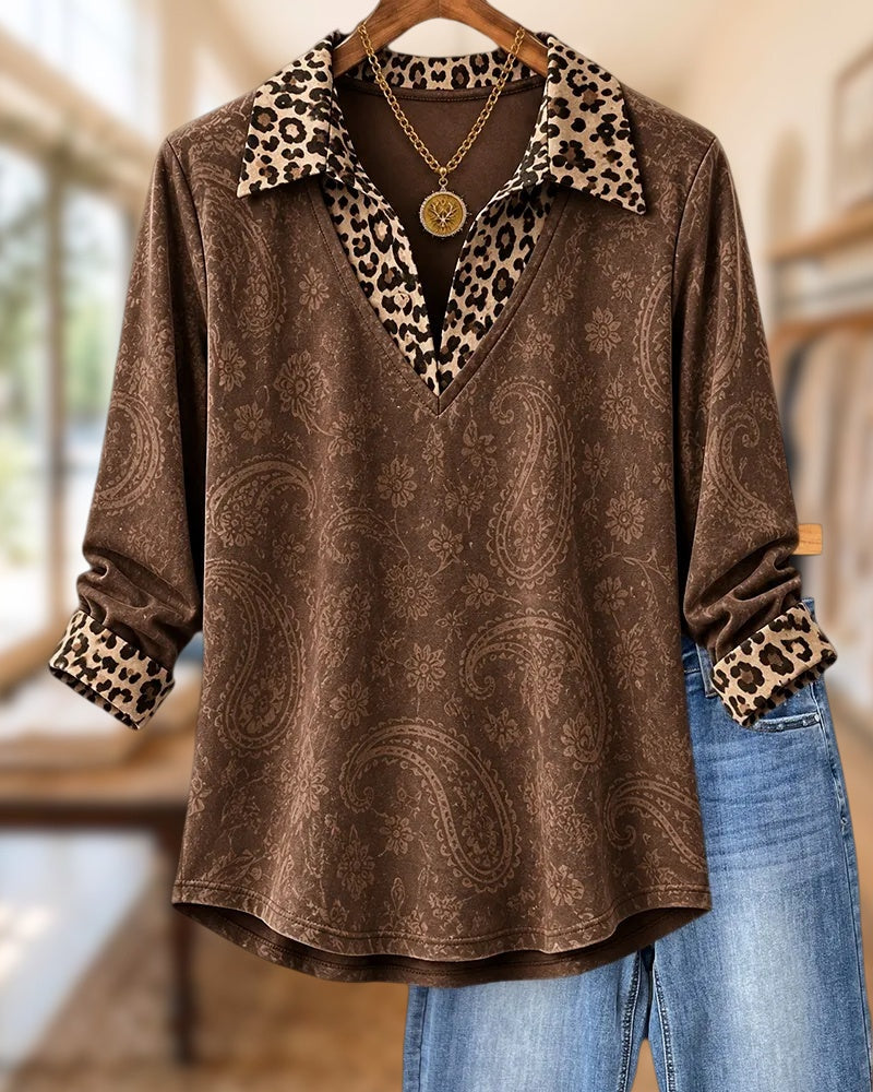 Paisley Print Leopard Contrast Collared Long Sleeve Chic Blouse