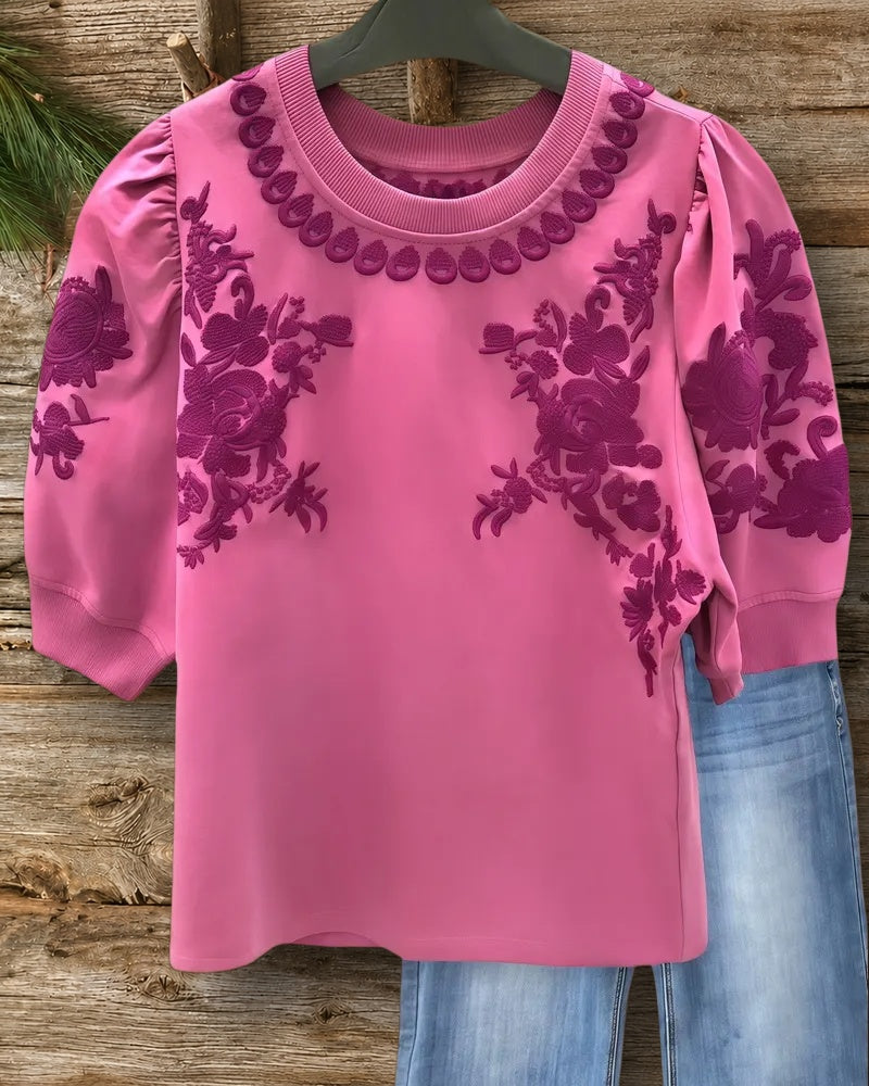 Floral Embroidery Round Neck Laid Back Shirt