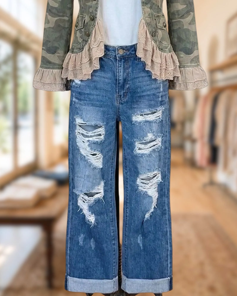 High Waist Vintage Distressed Wide Leg Jeans
