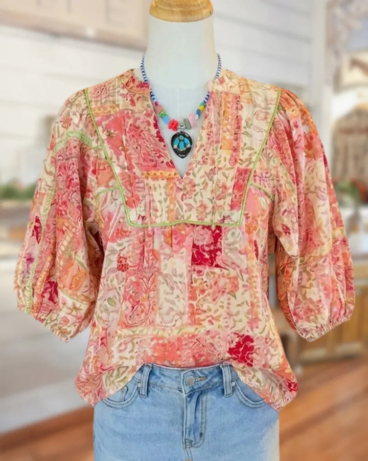 Floral Patchwork Puff Sleeve V Neck Contrast Trim Loose Blouse