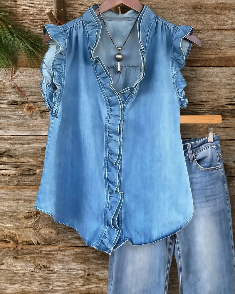 Solid Color Denim Playful Ruffles Patchwork T-Shirt