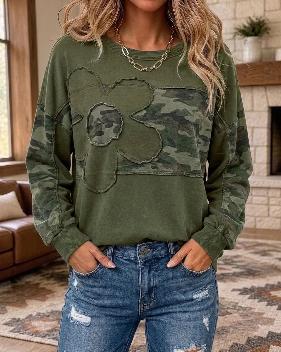 Plaid Patchwork Applique Raw Edge Crew Neck Loose Casual Sweatshirt