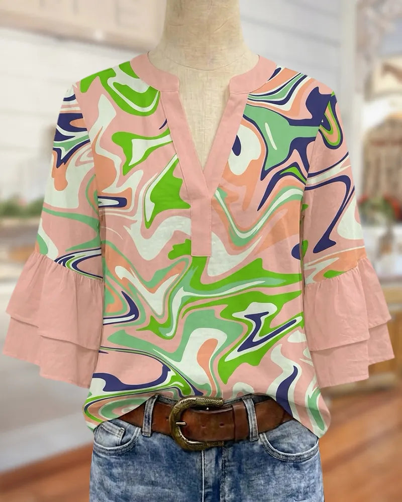 Boho Print V Neck Tiered Flare Sleeve Casual Blouse