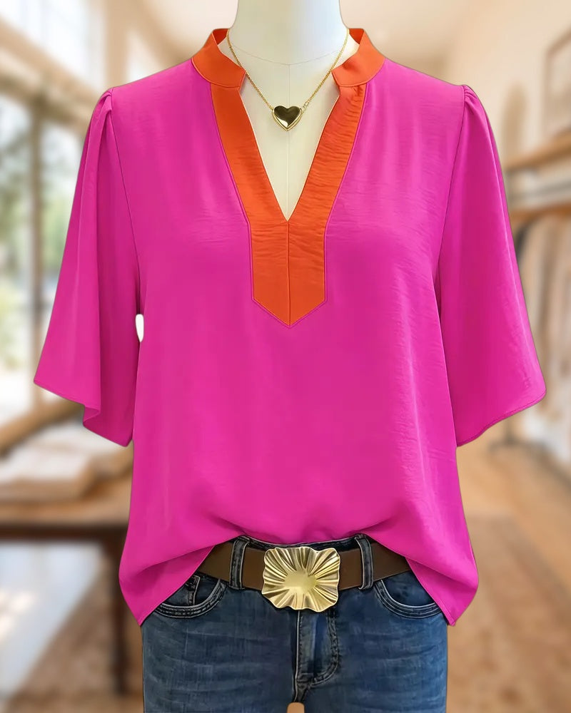 Hit Color V Neck Versatile Blouse