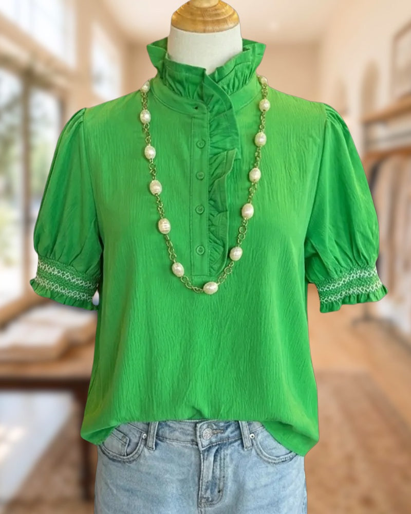 Ruffled Stand Collar Puff Sleeve Smocked Cuff Button Front Blouse