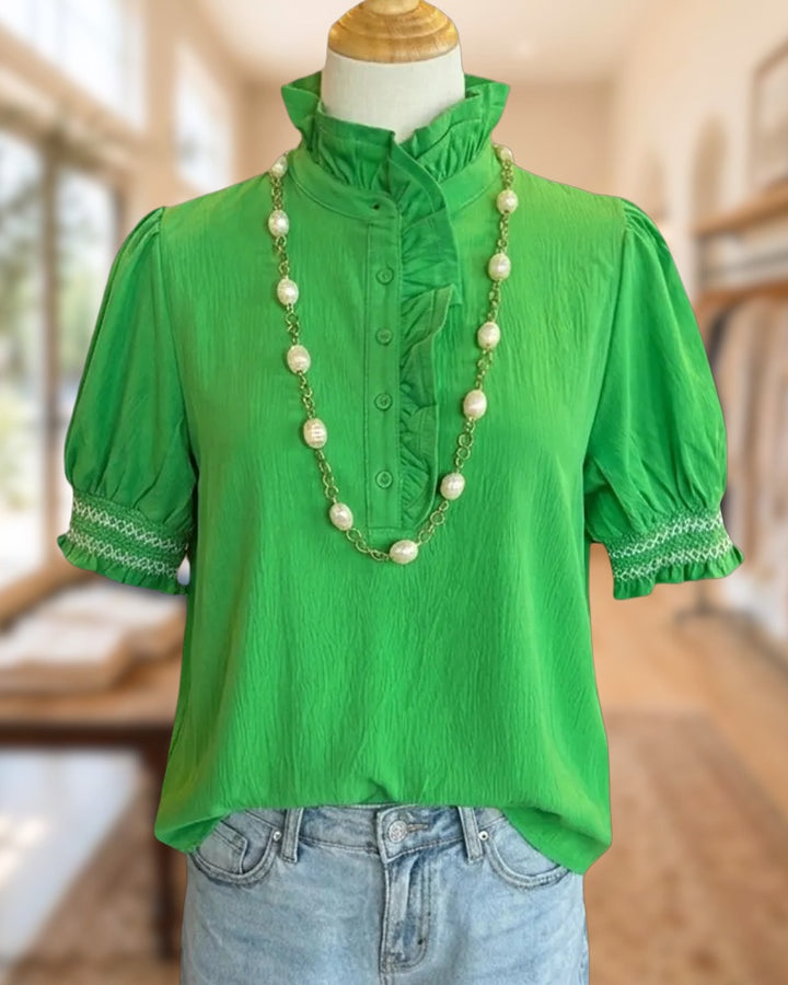 Ruffled Stand Collar Puff Sleeve Smocked Cuff Button Front Blouse