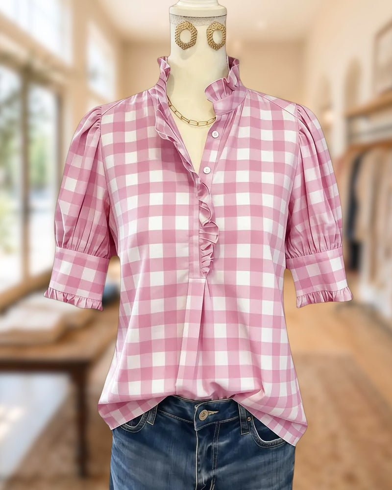 Checked Ruffles Trim Feminine Puff Sleeve Blouse