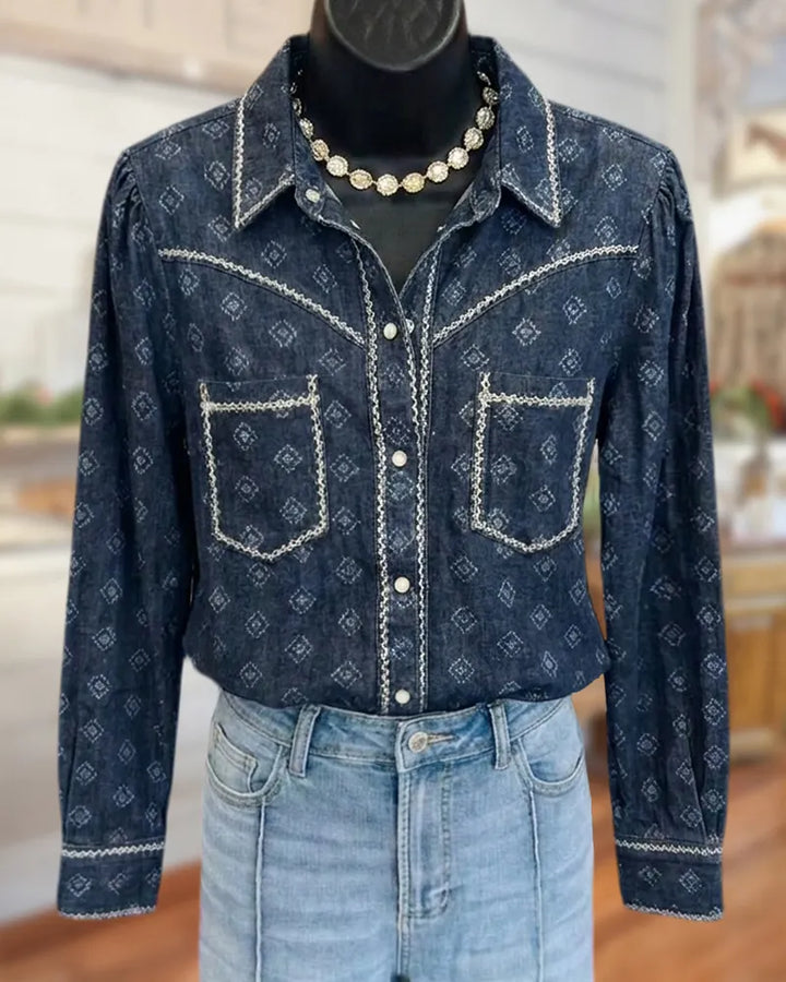 Embroidered Trim Pearl Snap Long Sleeve Collared Shirt