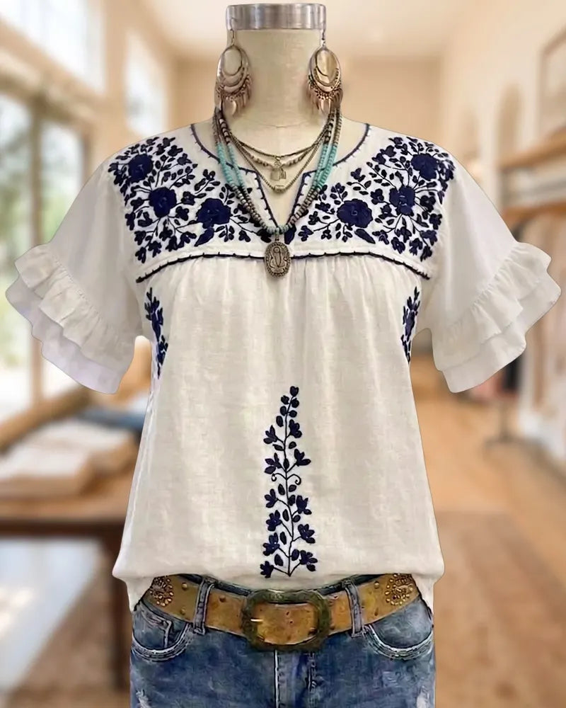 Floral Embroidered Ruffle Sleeve V Neck Relaxed Fit Blouse
