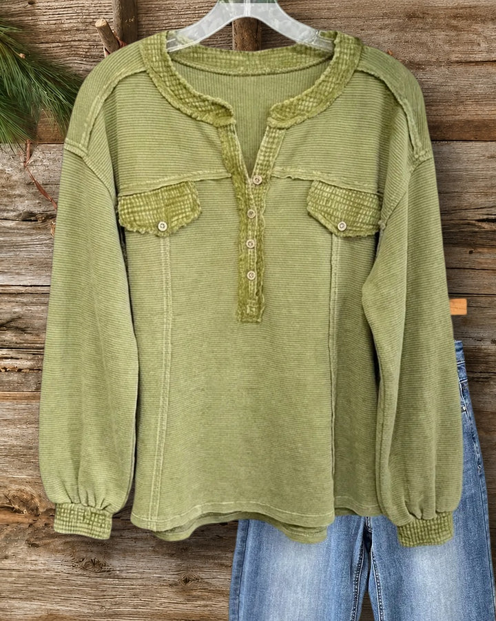 Half Button Placket Contrast Trim Long Sleeve Casual Top