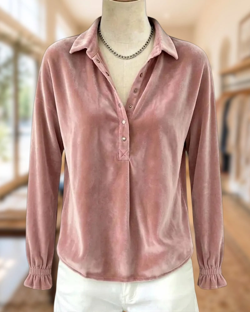 Velvet Collared Half Button Placket Solid Color Long Sleeve Blouse