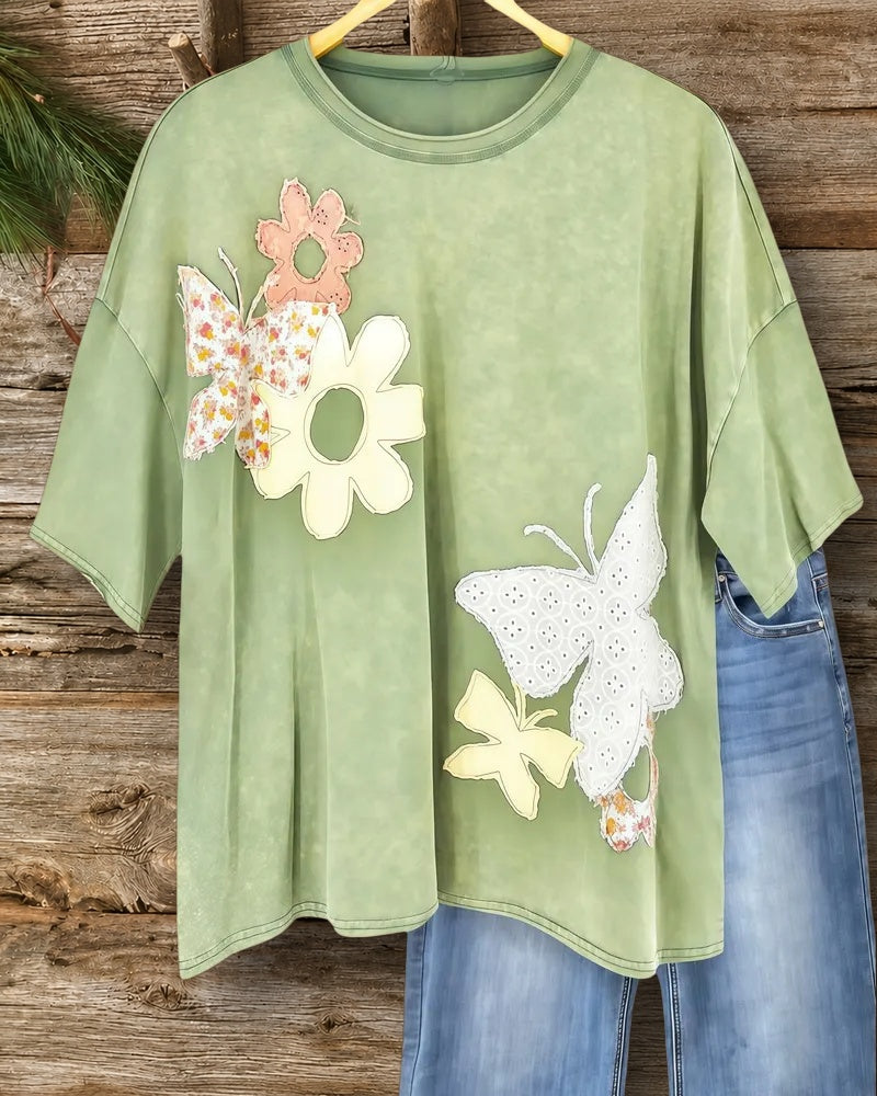 Butterfly & Floral Applique Casual Drop-Shoulder T-Shirt